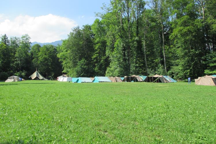 Lagerplatz auf grüner Wiese mit Zelten